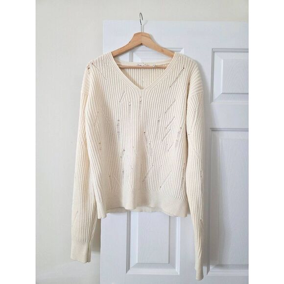 HELMUT LANG V-Neck Drop-Needle Wool Sweater Cream Distressed L - Picture 1 of 10